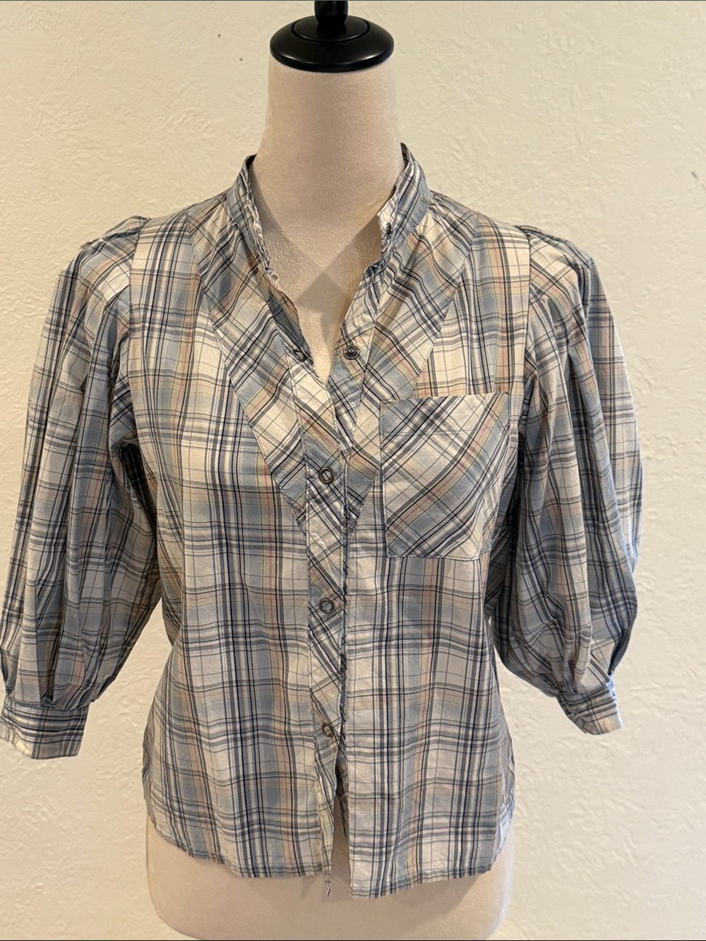 See By Chloe Blue and Cream Plaid Puff-Sleeve Button-Down Top size 6